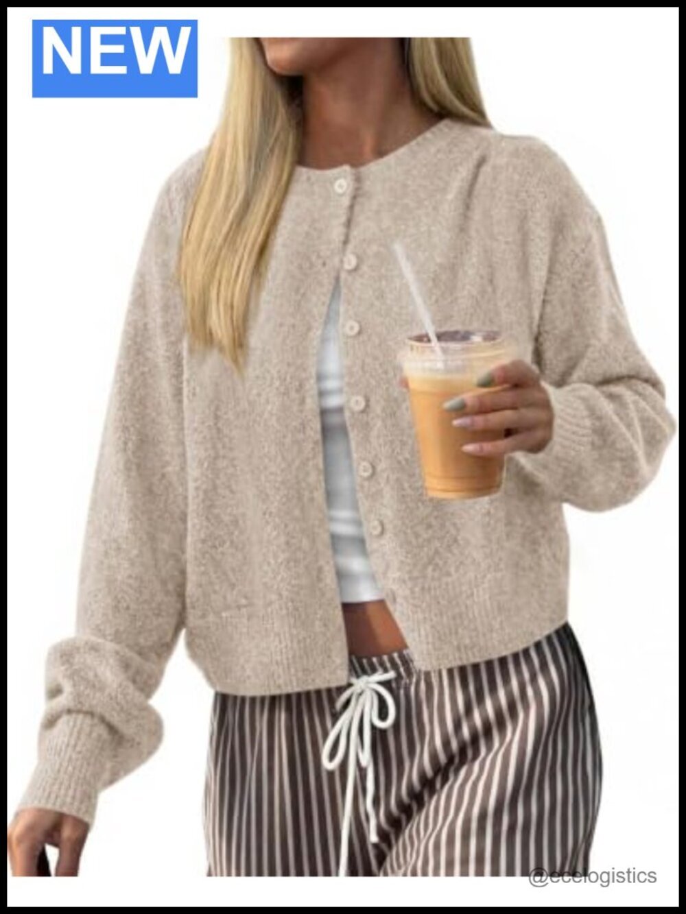 Lightweight Knit Cardigan Sweater for Women Button Front Crew Neck Drop